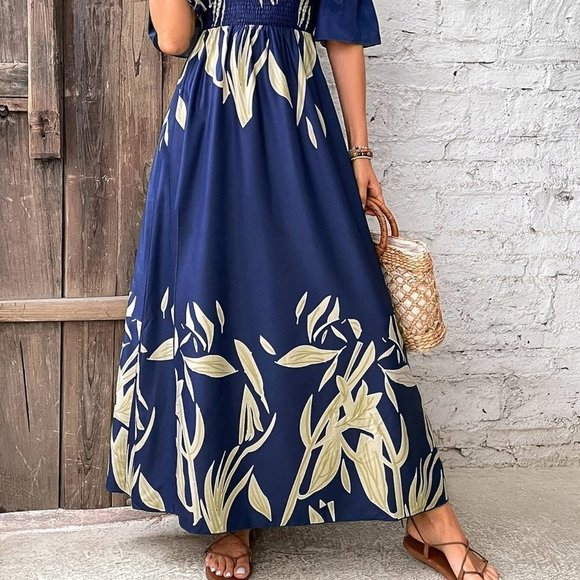 Blue boho Womens Plants Print Shirred Detail Off Shoulder Split Thigh Dress - Picture 5 of 5